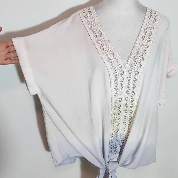 Entro Pink, Blue, and Green Ombre Boho Blouse with Crochet Accent Size Large - Picture 6 of 9